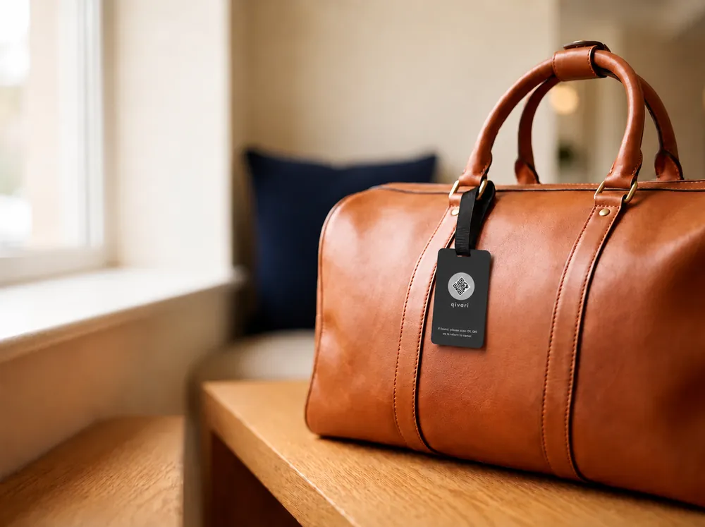 Qivari Card clipped to a leather travel bag