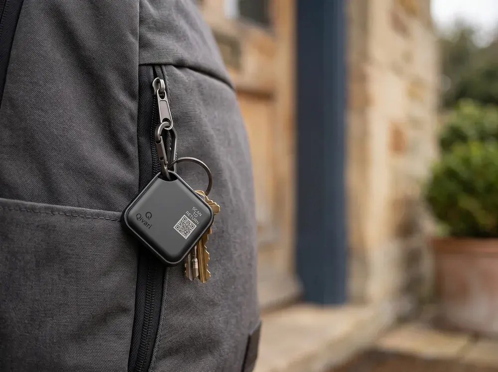 Qivari Tag clipped to keys and a backpack