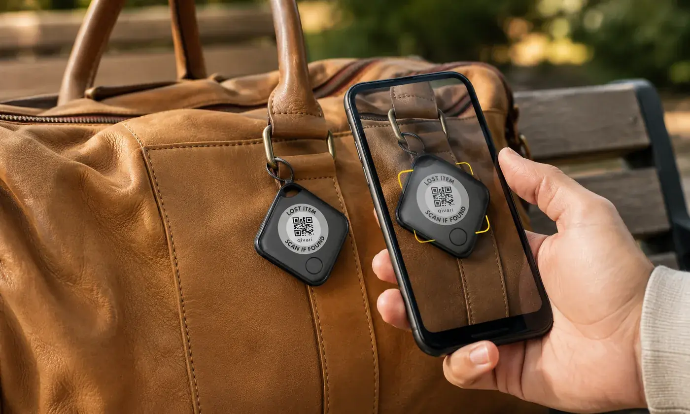 A finder scanning the QR code on a Qivari Tag attached to a leather bag with a phone camera