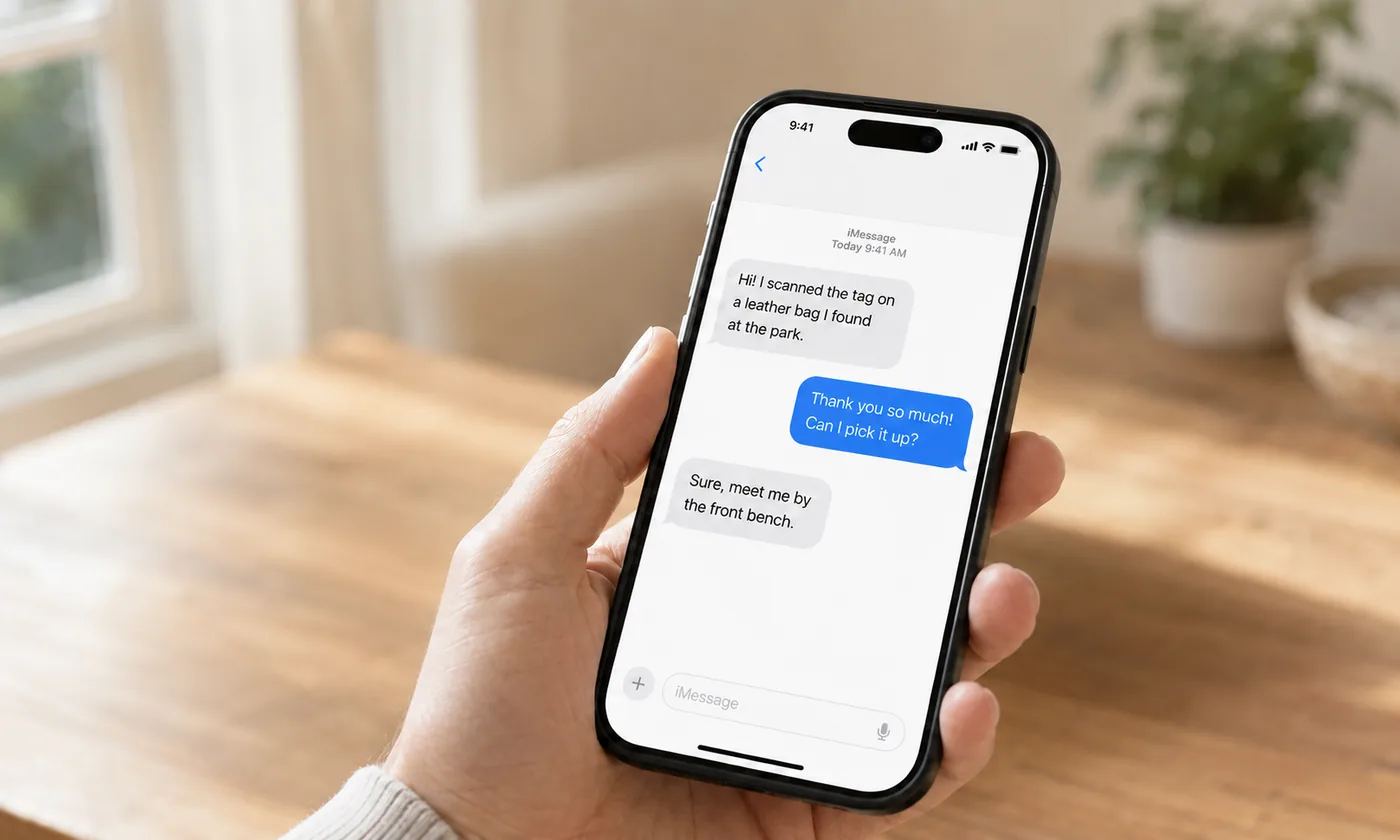 The owner receiving an ordinary text message about a found leather bag