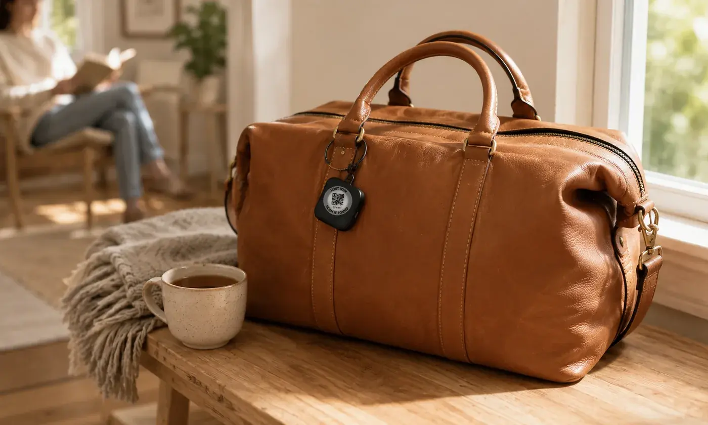 A returned leather bag back home, with a small Qivari Tag clipped to the handle